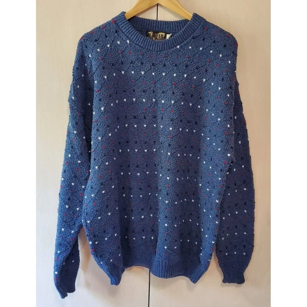 VTG Fluid 100% Cotton Men's Sweater Size XL Made in USA Blue Red White Dots